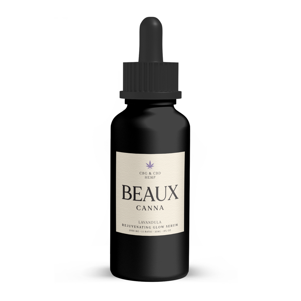 Beauxcanna Lavandula Rejuvenating Glow Serum featuring organic lavender terpenes in an opaque 1oz bottle made from high potency USA hemp and featuring 1000mg CBG and 1000mg CBD skincare for redness, inflammation and pain.