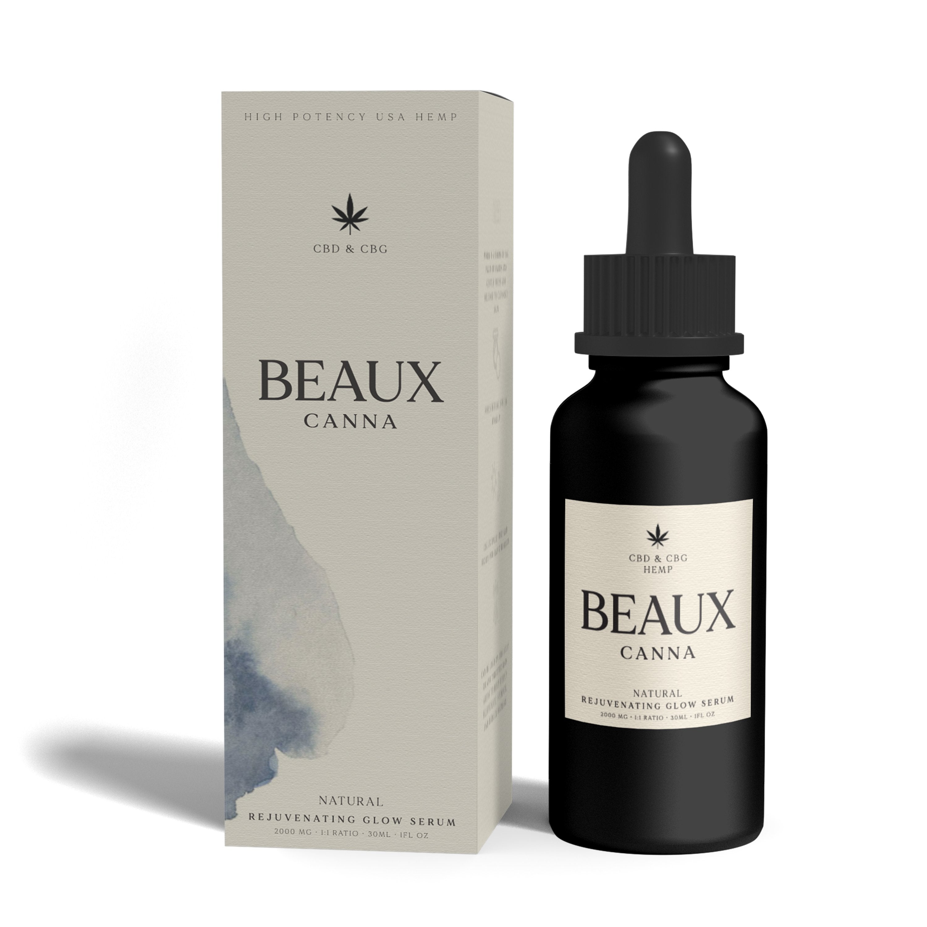 Beauxcanna Natural Rejuvenating Glow Serum opaque 1oz bottle and box made from high potency USA hemp and featuring 1000mg CBG and 1000mg CBD. Used for pain, hydration, arthritis, anxiety, and more.